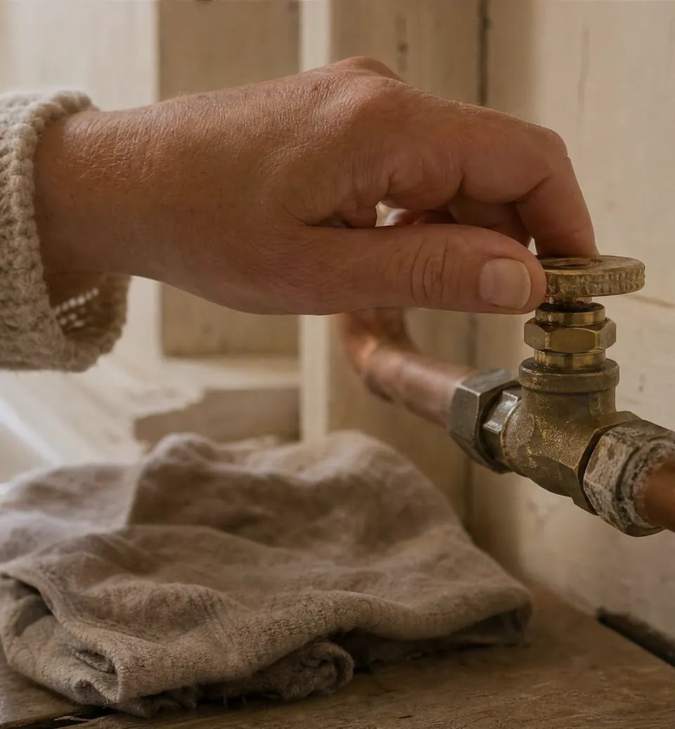 A hand closing a small brass stop valve on a copper pipe against an old painted wall, with a folded cloth on the shelf below.